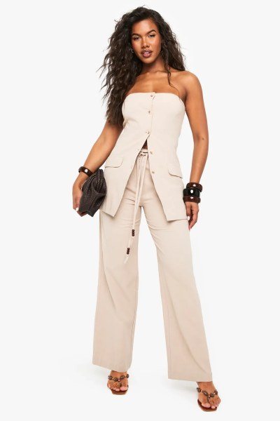 Product Linen Beaded Tie Detail Wide Leg Trouser